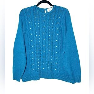 Vintage Andrea Gayle Blue Silk/Nylon/Angora/Wool Cable-Knit Pearl Sweater, XL